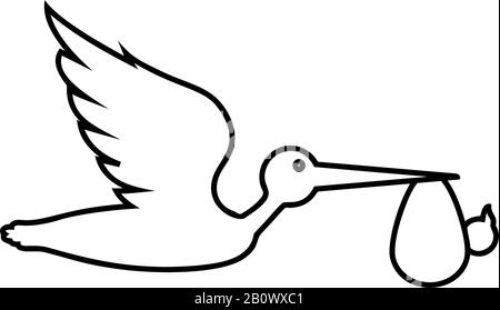 Stork porte bébé dans sac Flying Bird avec le genre dans le bec icône de paquet contour noir illustration vectorielle plat style simple image Illustration de Vecteur