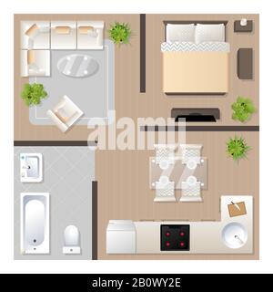 Design d'appartement avec vue sur le dessus du mobilier, plan architectural, cuisine, salle de bains, chambre et salon, illustration vectorielle. Illustration de Vecteur