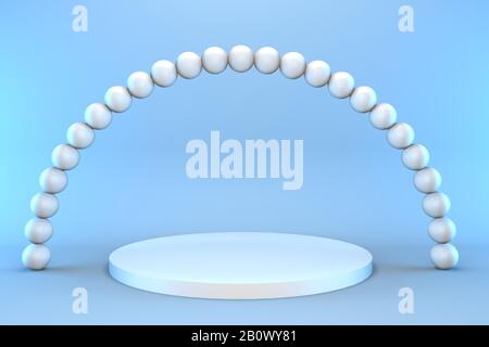 socle rond en relief avec perles sur fond bleu. Concept minimaliste de podium pour les marchandises. Banque D'Images