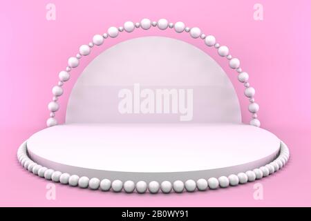 socle rond en relief avec perles sur fond rose. Concept minimaliste de podium pour les marchandises. Banque D'Images