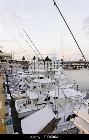 Yachts de pêche en haute mer dans la marina, bateaux de pêche, Bayside Marketplace Resort, Biscayne Boulevard, Miami Downtown, Floride, États-Unis, Banque D'Images
