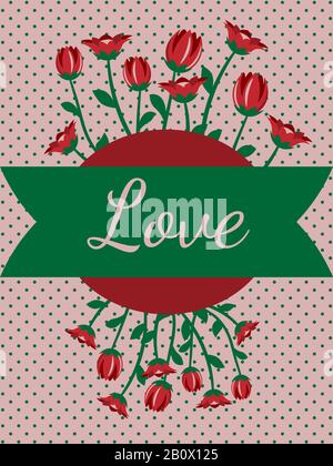 Modèle de carte de vœux vintage pour la fête des femmes ou la fête des mères avec tulipes de dessin animé et texte « Love » Illustration de Vecteur