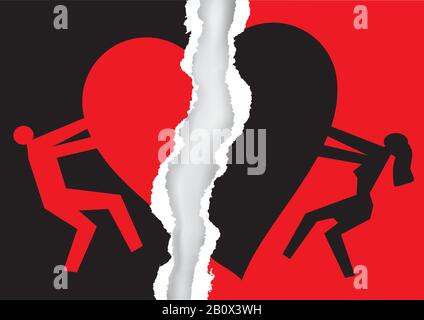 Couple divorcé, papier déchiré rouge et noir avec symbole coeur. Papier déchiré avec silhouettes homme et femme et coeur brisé .Vector disponible. Illustration de Vecteur