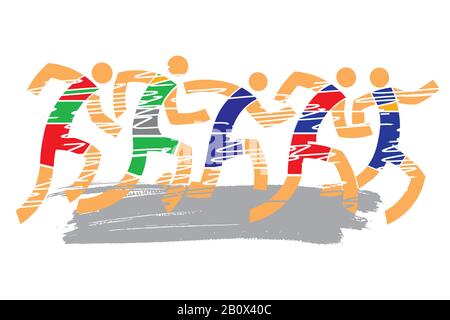 Compétition de course, marathon. Illustration stylisée colorée et expressive des coureurs de course. Vecteur disponible. Illustration de Vecteur