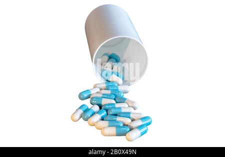 Pilules bleues et blanches qui débordent du flacon isolé Sur fond blanc Banque D'Images