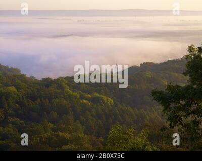 Vue sur Eisenach avec Georgenkirche dans le brouillard, Thuringe, Allemagne, Banque D'Images