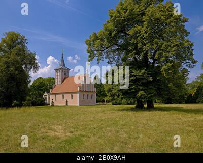 Parc Lenne avec église à Criewen, Unteres Odertal, Uckermark, Brandebourg, Allemagne, Banque D'Images