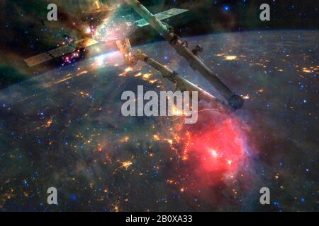 Station spatiale ISS marchant sur l'orbite de la planète Terre. Sans fin d'univers. Éléments de cette image fournie par la NASA Banque D'Images