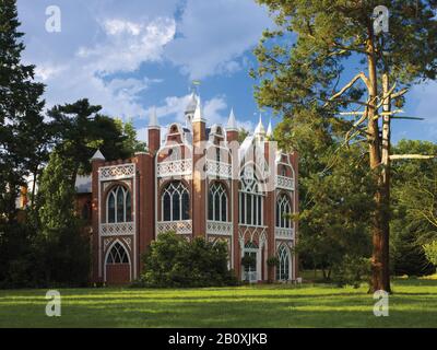 Maison Gothique, Wörlitz Garden Realm, Wörlitz, Saxe-Anhalt, Allemagne, Banque D'Images