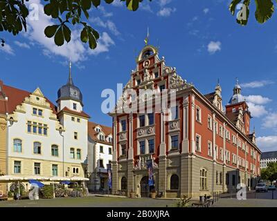 Hôtel de ville sur le marché principal avec café de rue, Gotha, Thuringe, Allemagne, Banque D'Images