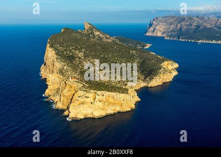 Île sa Dragonera avec phare Loin de Llebeig, 04.01.2020, vue aérienne, Espagne, Iles Baléares, Majorque, Dargonera Banque D'Images