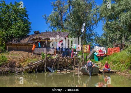 Cabane dans le delta du Danube, Roumanie, Delta du Danube Banque D'Images