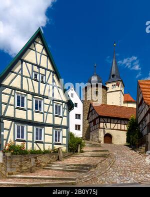 Entrée de l'église au château de Nordheim vor der Rhön, Rhön-Grabfeld, Basse-Franconie, Bavière, Allemagne, Banque D'Images