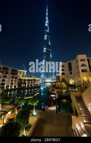 Souk Al Bahar, The Palace Hotel Et Burj Khalifa La Nuit, Centre-Ville De Dubaï, Émirats Arabes Unis, Banque D'Images