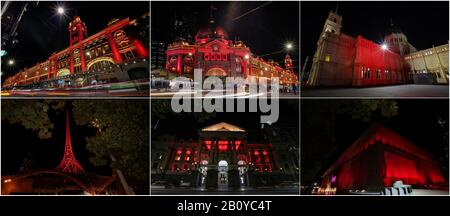 (200222) -- SYDNEY, le 22 février 2020 (Xinhua) -- la photo combinée montre un certain nombre de monuments Victoria éclairés en rouge à Melbourne, en Australie, le 21 février 2020. Alors que la Chine lutte contre l'épidémie de COVID-19, le gouvernement de l'État de Victoria d'Australie a lancé jeudi une nouvelle campagne pour montrer son soutien aux communautés chinoises au pays et à l'étranger. Dans le cadre de la campagne, un certain nombre de monuments de Victoria, dont le Centre des arts, la Galerie nationale de Victoria, le Melbourne Museum, l'hôtel de ville de Melbourne et la gare de Flinders Street, ont été illuminés en rouge et en or vendredi comme symbole de solidarité avec C Banque D'Images