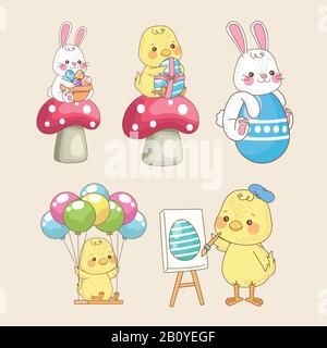 bonne carte de pâques avec les poussins de bébé et le groupe de lapins Illustration de Vecteur