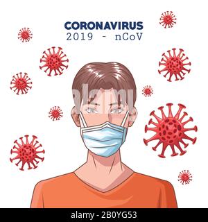 infographie du coronavirus avec l'homme à l'aide d'un masque Illustration de Vecteur