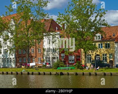 Maisons sur l'Obertrave, Hanseatic City de Lübeck, Schleswig-Holstein, Allemagne, Banque D'Images