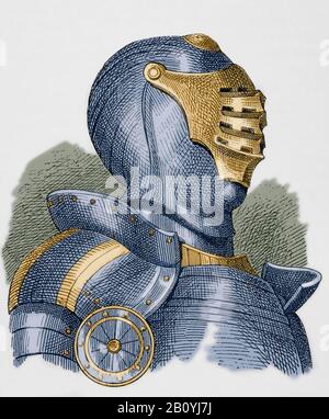 Casque de Chevalier médiéval avec visière. Gravure. Museo Militar, 1883. Coloration ultérieure. Banque D'Images