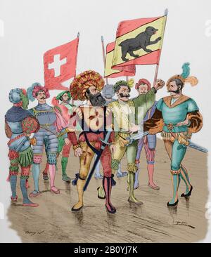 L'ère moderne. Soldats mercenaires: Suisse. Gravure. Museo Militar, 1883. Coloration ultérieure. Banque D'Images