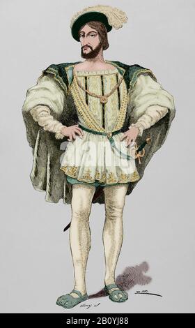 François I (1494-1547). Roi de France (1515-1547). Gravure. Museo Militar, 1883. Coloration ultérieure. Banque D'Images