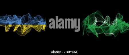 Drapeaux de l'Ukraine et de l'Arabie Saoudite sur fond noir, l'Ukraine contre l'Arabie Saoudite drapeaux de fumée Banque D'Images