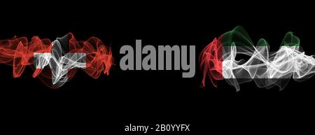 Drapeaux de la Suisse et des Émirats arabes Unis sur fond noir, drapeaux de fumée de la Suisse contre les Émirats arabes Unis Banque D'Images