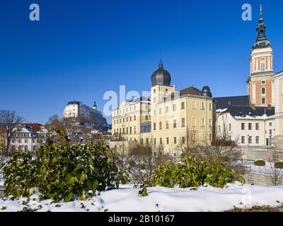 Château supérieur et inférieur et église de la ville Saint-Marien, Greiz, Thuringe Banque D'Images