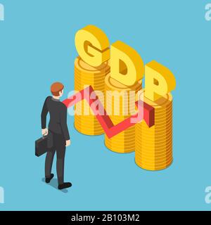 Homme d'affaires isométrique en relief avec un mot sur la pile de pièces avec une flèche rouge de croissance. Produit intérieur brut et concept de croissance économique. Illustration de Vecteur