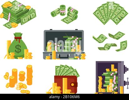 Billet de banque. Sac en espèces, porte-billets et tas de dollars en coffre-fort. Lots dollar piles et pièces d'or isométrique illustration vectorielle Illustration de Vecteur