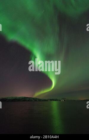 Feux du Nord sur Stønesbotn la nuit, Senja, Norvège Banque D'Images