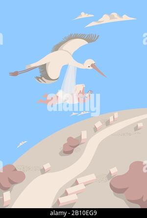 Le stork transporte un bébé en regardant le chemin sur le navigateur dans le smartphone. Un oiseau vole haut dans le ciel parmi les nuages. Concept de carte postale postc Illustration de Vecteur