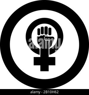 Symbole du mouvement féminisme les femmes de sexe résistent à la main de Fist dans le rond et l'icône de croix dans le cercle rond noir illustration vectorielle plate style simple Illustration de Vecteur