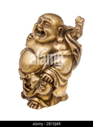 Figurine chinoise traditionnelle en bronze de Hotei (Bouddha En Riant) isolée sur fond blanc Banque D'Images