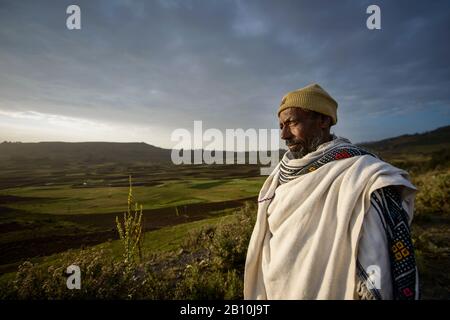 Agriculteur éthiopien regardant son bétail au coucher du soleil, Debre Berhan, Ethiopie Banque D'Images