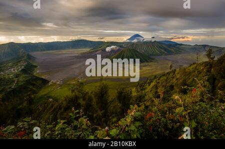 Cratère actif de Bromo sur la gauche, volcan Batok devant et volcan Semeru derrière, Parc national Bromo Tengger Semeru, île Java, Indonésie Banque D'Images