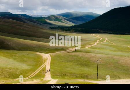 Le vélo dans la steppe de Mongolie, Mongolie Banque D'Images