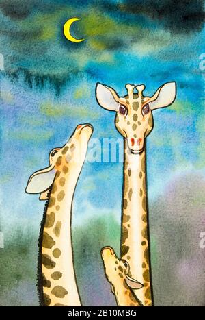 Illustration peinture aquarelle jolie caricature de girafe dans le ciel bleu avec le fond de lune. Banque D'Images