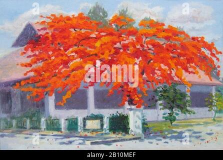 Peinture à l'huile paysage original coloré de paon fleurs arbre au bord de la route et lumière du soleil sur fond bleu Banque D'Images