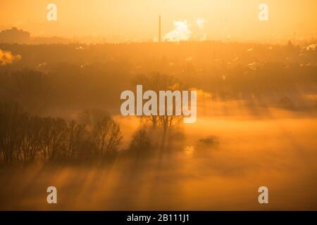 Vallée en hiver matin brouillard, Solarberg, Fuerth, moyenne-Franconie, Bavière, Allemagne Banque D'Images