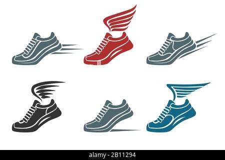 Ensemble d'emblème ou d'icône de chaussures de course à pied et de sport à ailes. Illustration vectorielle. Illustration de Vecteur