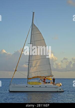 Catamaran dans la lumière du soir, Polynésie Banque D'Images