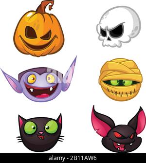 Jeu d'icônes de caractères Halloween. Têtes de dessin animé de citrouille, mort, vampire, momie, chat sorcière, chauve-souris Illustration de Vecteur