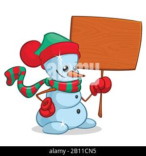 Bonhomme de neige vectoriel tenant une planche vierge en bois isolée sur fond blanc Illustration de Vecteur