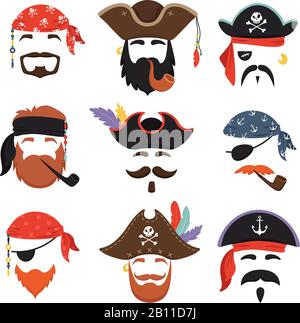 Masque de pirate de carnaval. Des chapeaux de pirates de mer drôles, un bandana de voyage avec des cheveux de dreadlocks et des masques isolés de pipe de fumée ensemble vectoriel Illustration de Vecteur