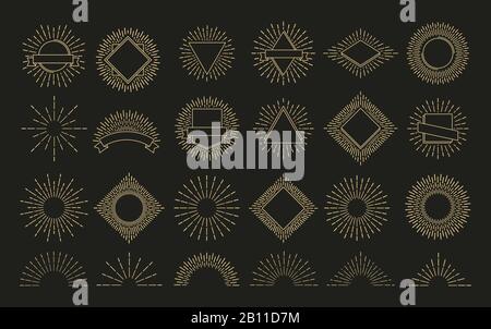Soleil doré. Emblème radial rétro en rafale. Formes brillantes au lever du soleil. Soleil, rayons de brillance, étiquettes vectorielles Illustration de Vecteur
