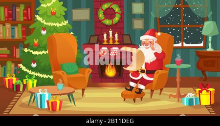 Intérieur de Noël. Santa Claus hiver vacances salle de séjour décorée avec cheminée et arbre de Noël dessin animé illustration vectorielle Illustration de Vecteur