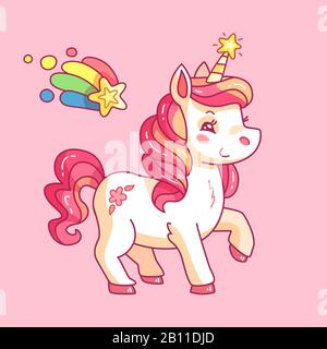 Jolie licorne de fée. Poney arc-en-ciel de dessin animé. Drôle cheval rose gris amies fond vectoriel Illustration de Vecteur