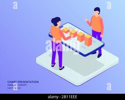 analyse graphique de données et présentation graphique avec réalité augmentée ar sur smartphone avec vecteur isométrique de style plat Banque D'Images