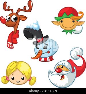 Jeu de personnages de Noël de dessin animé. Les icônes vectorielles de la tête de dessin animé du Père Noël, du renne, de l'elf, du bonhomme de neige et de l'ange Illustration de Vecteur